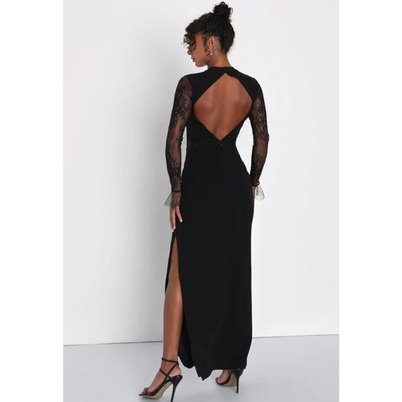 NEW Lulus Bragging Rights Black Lace Long Sleeve Column Maxi Dress - Picture 4 of 15